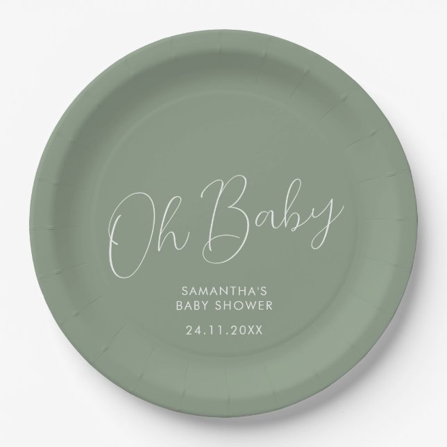 Minimalist Script Sage Green Oh Baby Shower date Paper Plates (Front)