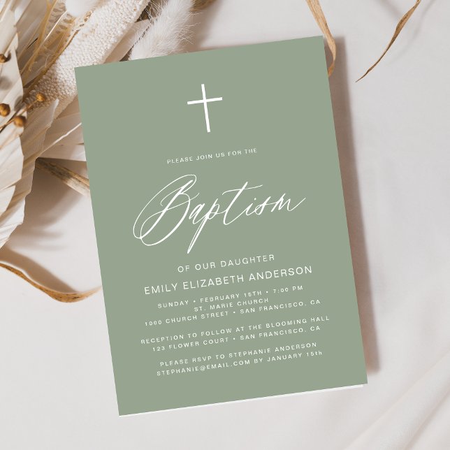 Minimalist Script Sage Green Simple Baptism Invitation (Creator Uploaded)