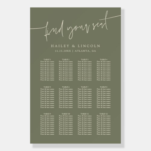 Minimalist Script Sage Green Wedding Seating Chart Foam Board