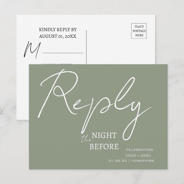 Minimalist Script Sage Greenthe Night Before RSVP  Invitation Postcard (Front/Back)