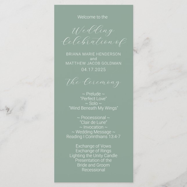 Minimalist Script Sage Wedding Program (Front)