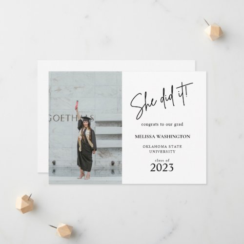 Minimalist Script She did it Graduation Photo Announcement