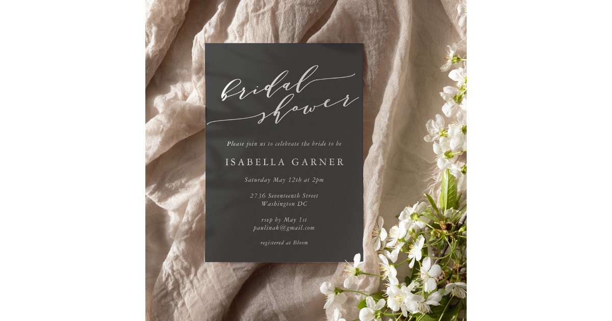Minimalist Script Soft Black White Bridal Shower Invitation | Zazzle