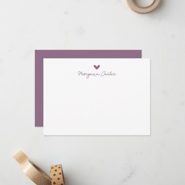 Minimalist Script Soft Plum Heart Personalized Note Card (Front/Back In Situ)