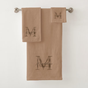 Minimalist Script Taupe Metallic Gold Monogram Bath Towel Set