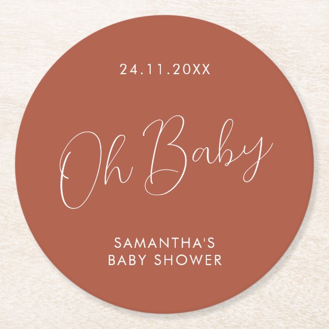 Minimalist Script terracotta Baby Shower day Round Paper Coaster (Front)
