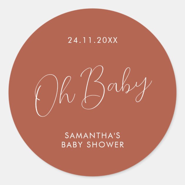 Minimalist Script terracotta Oh Baby Shower Classic Round Sticker