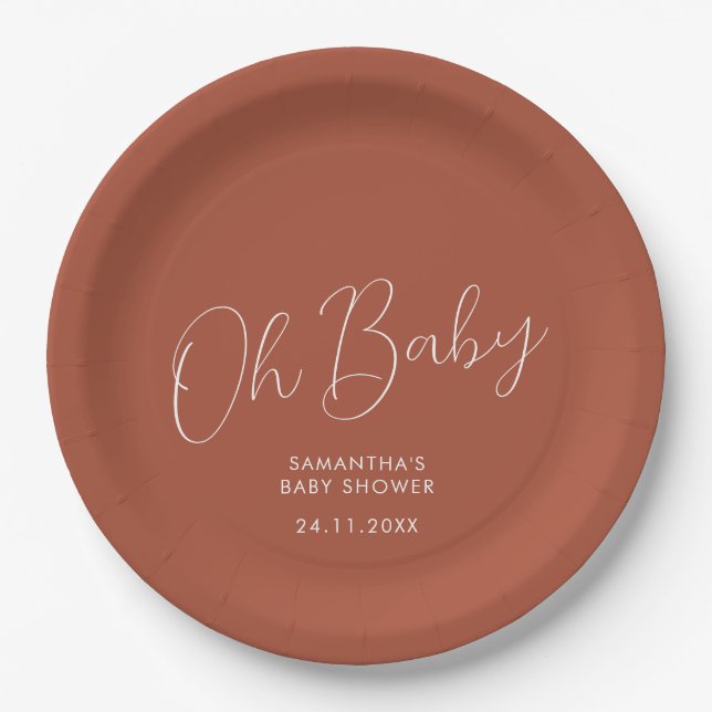 Minimalist Script terracotta Oh Baby Shower date Paper Plates (Front)