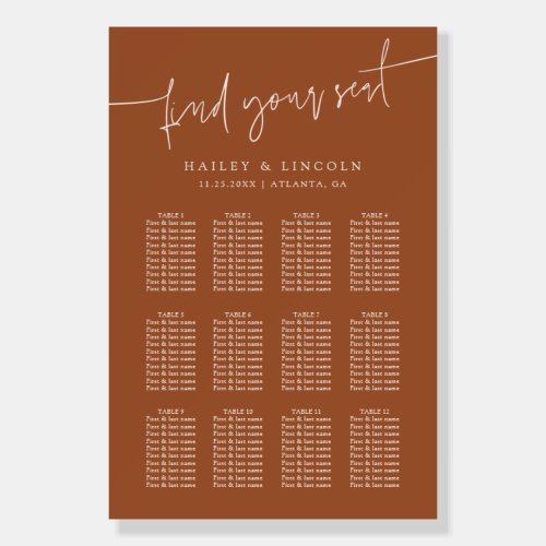 Minimalist Script Terracotta Wedding Seating Chart Foam Board
