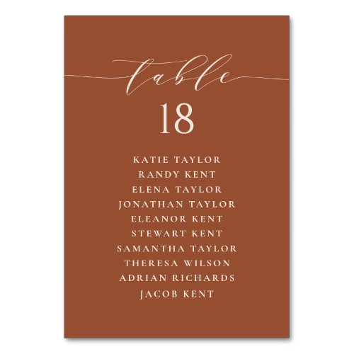 Minimalist Script Terracotta Wedding Seating Plan Table Number