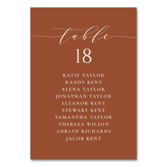 Minimalist Script Terracotta Wedding Seating Plan Table Number (Front)
