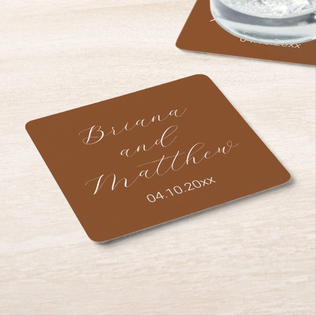 Minimalist Script Terracotta Wedding Square Paper Coaster (Angled)