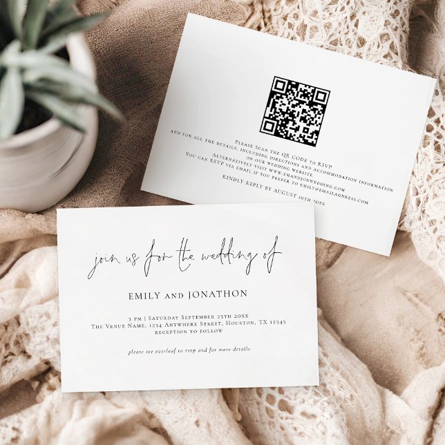 Minimalist Script Text QR Code Black White Wedding Invitation (Front and back view)