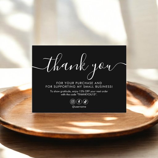 Customizable Minimalist Script Thank You Black Business Card