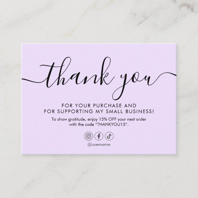 Minimalist Script Thank You Pastel Purple Business Card (Front)