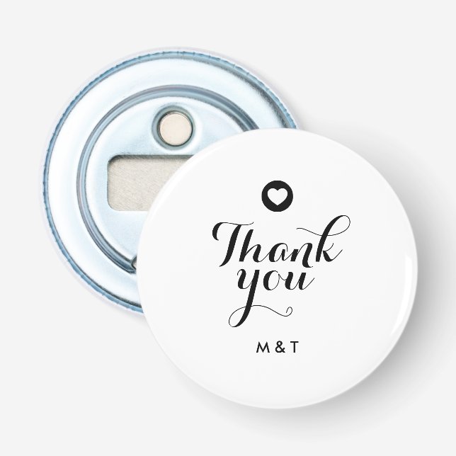 Minimalist Script Thank You Wedding Heart Monogram Bottle Opener (Front)