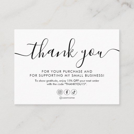 Customizable Minimalist Script Thank You White Business Card