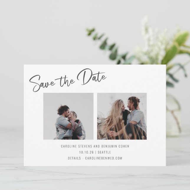 Minimalist Script Three Photo Double Sided Wedding Save The Date (Standing Front)