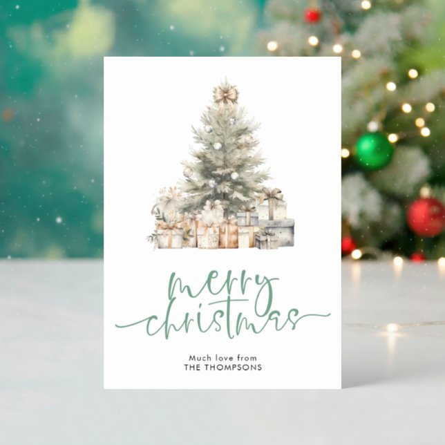 Minimalist Script Tree Merry Christmas Letterpress Photo Cards (Front (Into))
