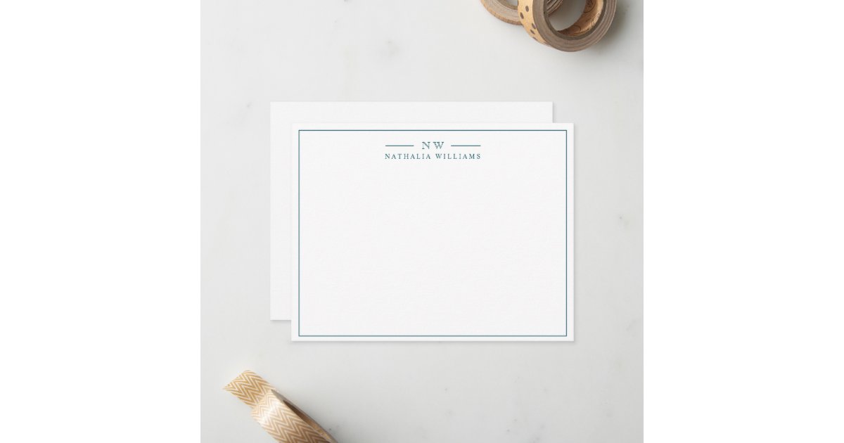 Minimalist Script Trendy Teal Border Monogram Note Card | Zazzle