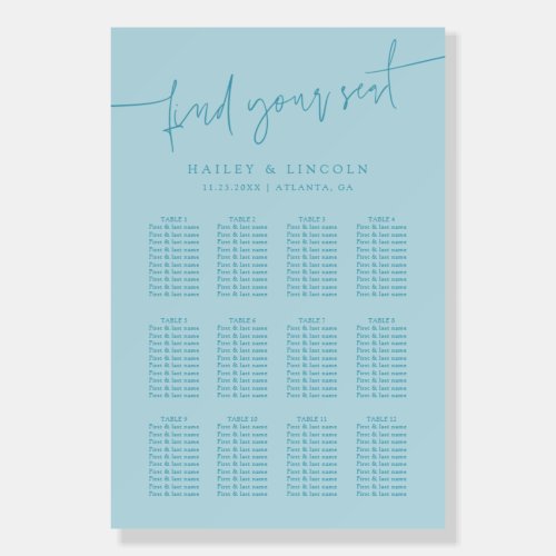Minimalist Script Turquoise Wedding Seating Chart Foam Board