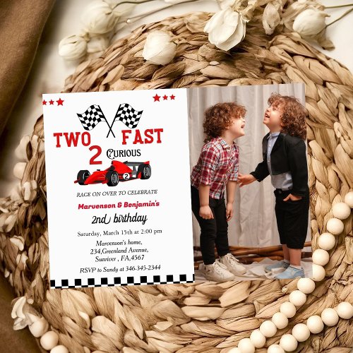 Minimalist script twin boy growing up two fast  invitation