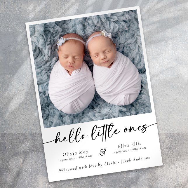 Minimalist Script Twin Photo Birth Announcement (Creator Uploaded)