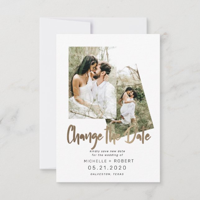 minimalist script two Photo Change The Date Invitation (Front)