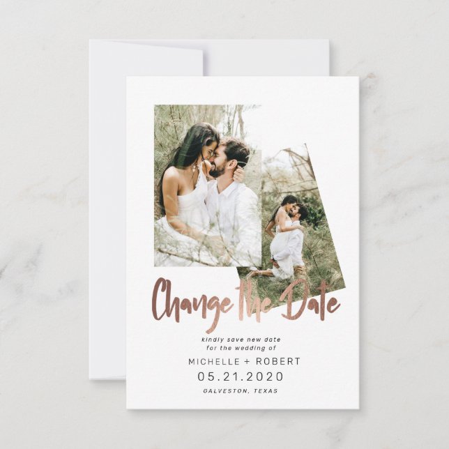 minimalist script two Photo Change The Date Invitation (Front)