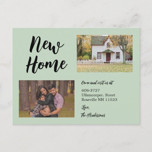 Minimalist Script Two Photo New Home Moving Sage  Announcement Postcard