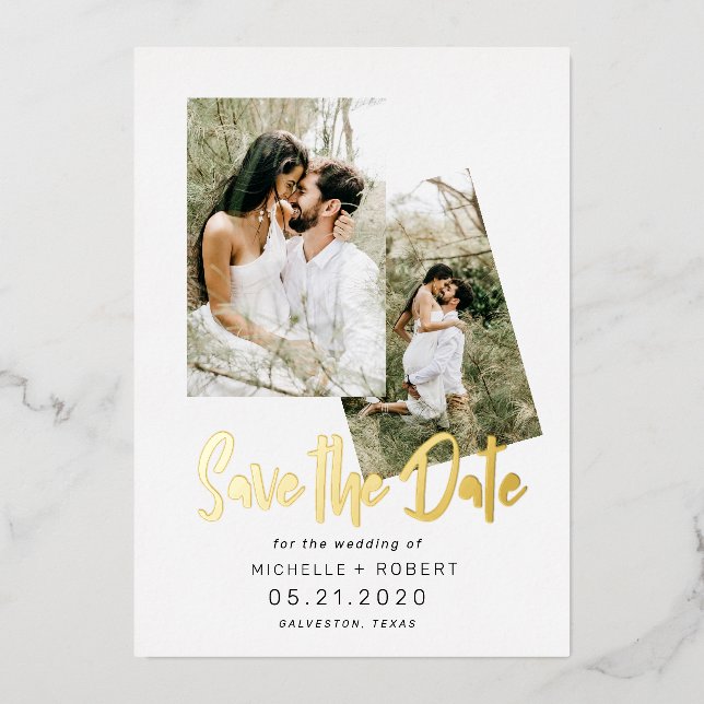 minimalist script two Photo Save The Date  Foil Invitation (Front)