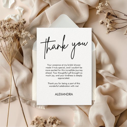 Minimalist Script Typography Bridal Shower BW Thank You Card