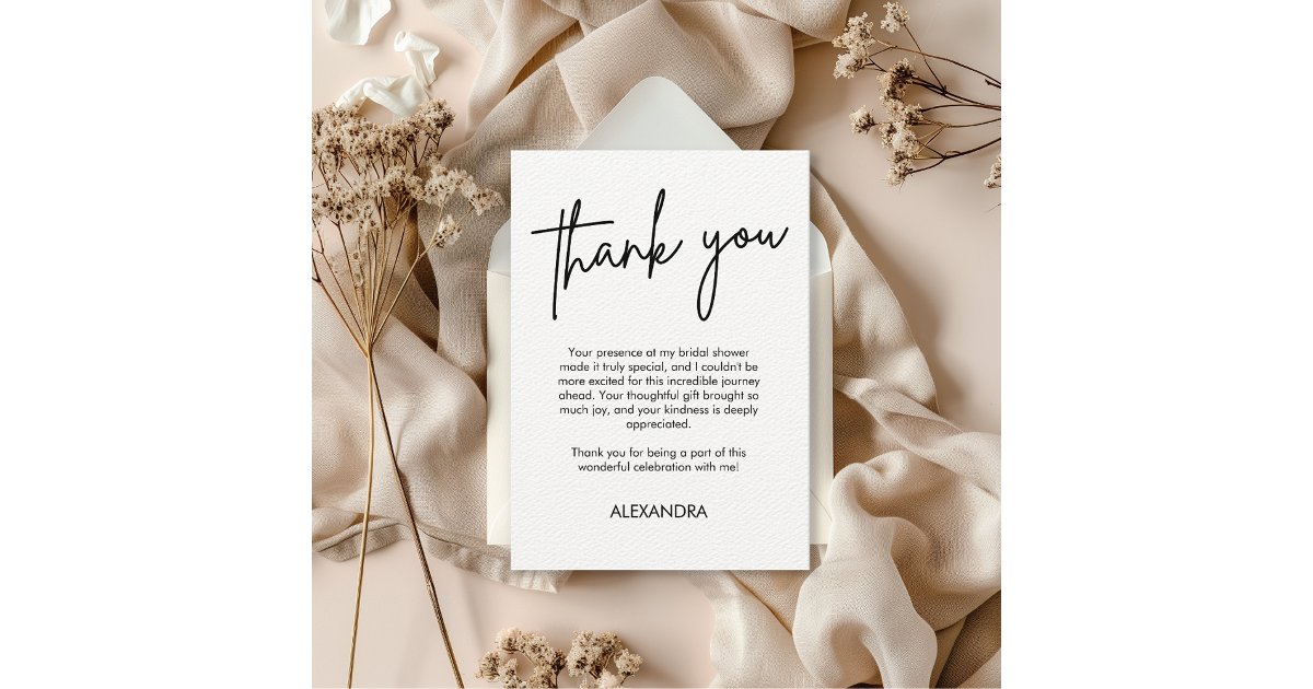 Minimalist Script Typography Bridal Shower B&W Thank You Card | Zazzle