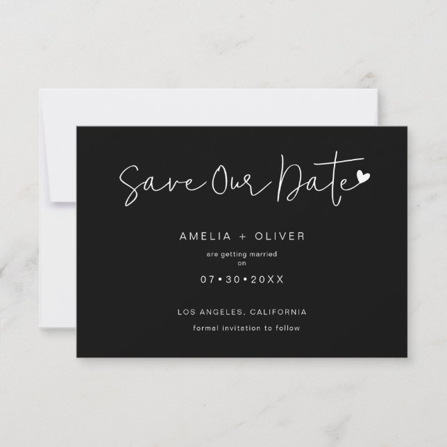 Minimalist Script Typography Sleek Black Wedding Save The Date (Front)