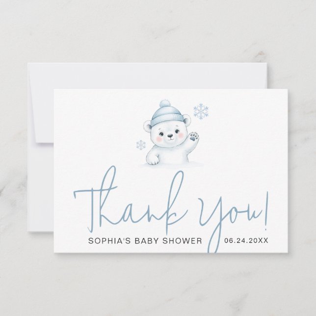 Minimalist Script Typography Winter Baby Shower Thank You Card (Front)