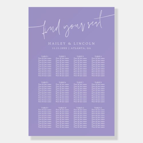 Minimalist Script Violet Wedding Seating Chart Foam Board