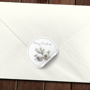 minimalist script, watercolor snowy pine cones classic round sticker