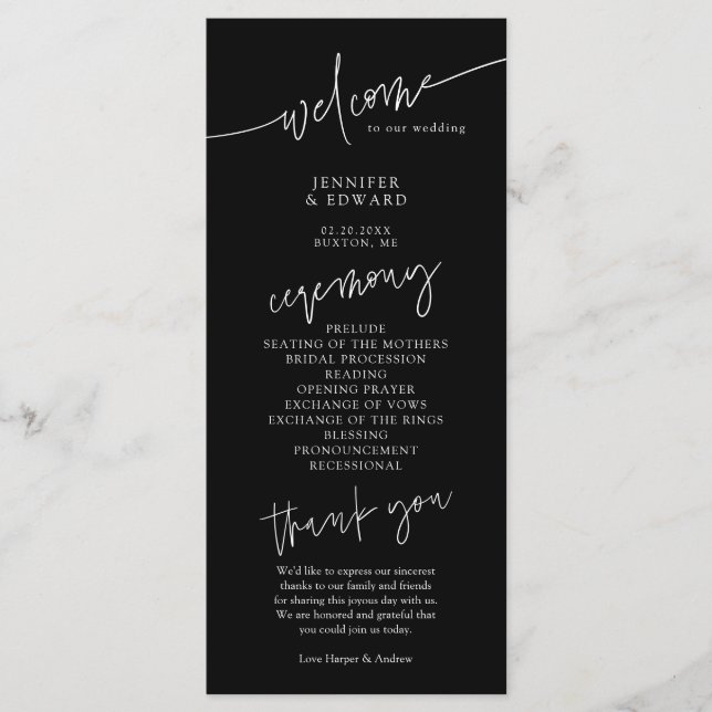Minimalist Script Wedding Black Ceremony Program (Front)