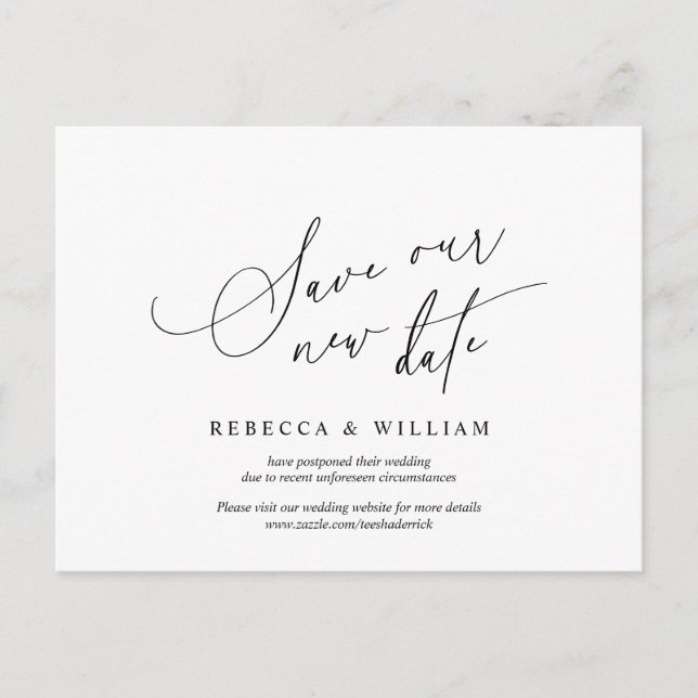 Minimalist Script, Wedding invitation Postponement Postcard (Front)