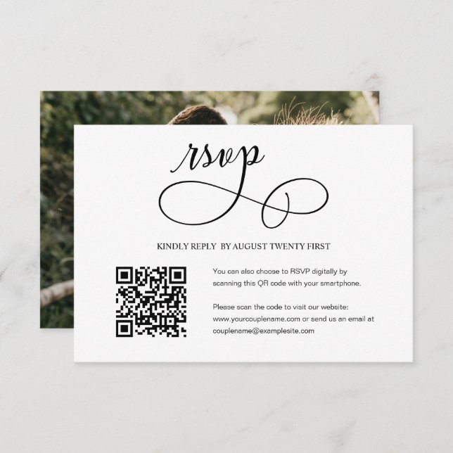 Minimalist Script Wedding QR Code Photo RSVP Card (Front/Back)
