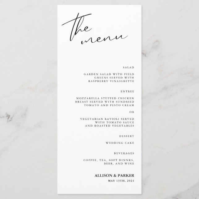 Minimalist Script Wedding Reception Menu (Front)