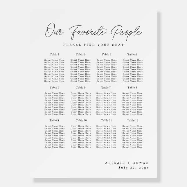 Minimalist Script Wedding Seating Chart Foam Board (Front)