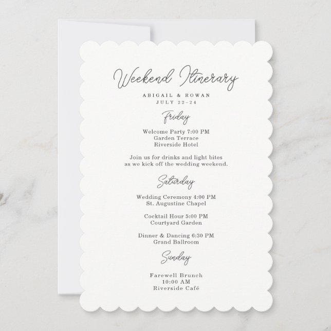 Minimalist Script Wedding Weekend Itinerary Card (Front)