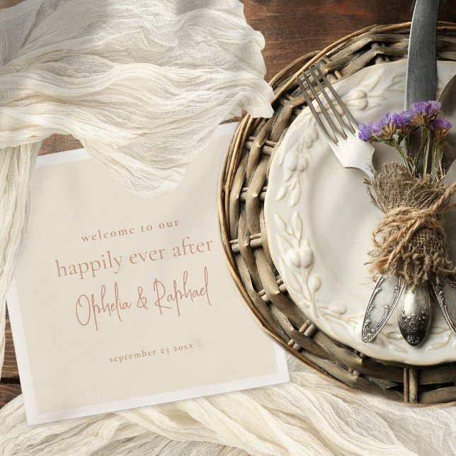 Minimalist Script Welcome Message Cream Wedding Napkins (Cream with terracotta text napkin)