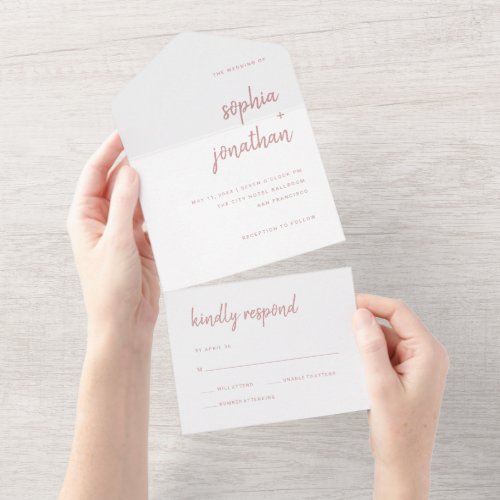 Minimalist Script  White and Dusty Rose Wedding All In One Invitation