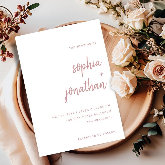 Minimalist Script White and Dusty Rose | Wedding Invitation (A modern and minimalist white and dusty pink wedding invitation)