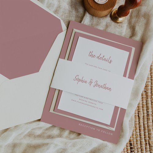 Minimalist Script  White and Dusty Rose Wedding Invitation Belly Band