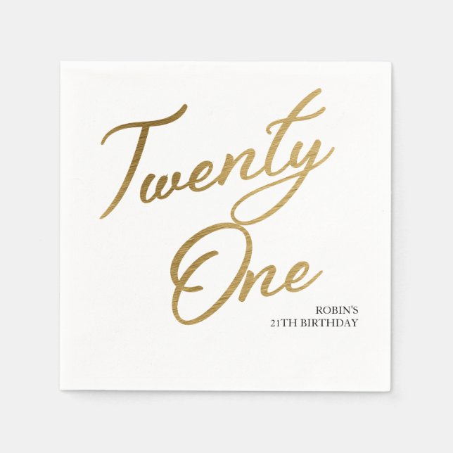 Minimalist Script white and Gold 21st Birthday Napkins (Front)
