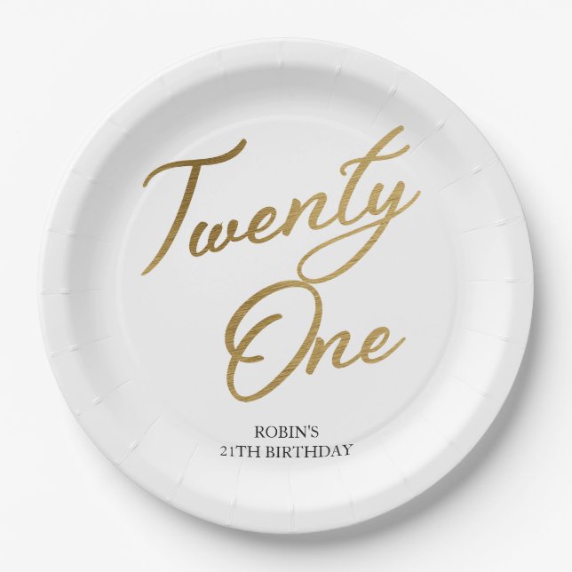 Minimalist Script white and Gold 21st Birthday Paper Plates (Front)