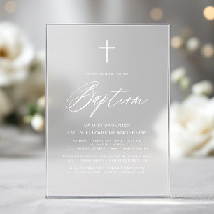 Minimalist Script White Baptism Acrylic Invitations